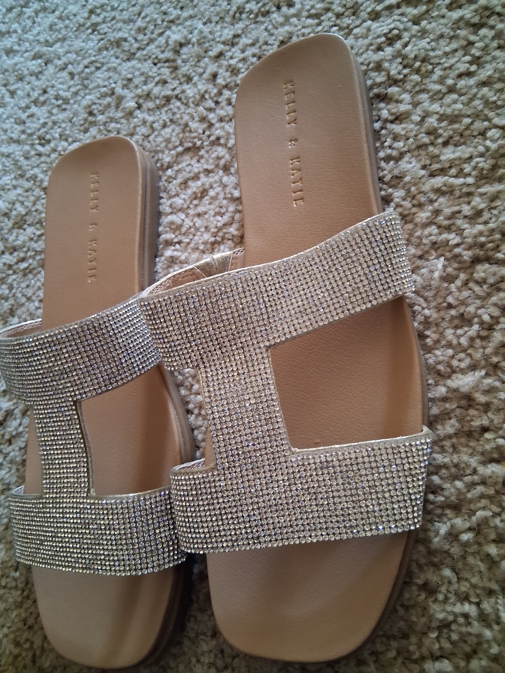 Kelly & Katie Champagne Rhinestone Double-Strap Slide Sandals - Picture 4 of 7